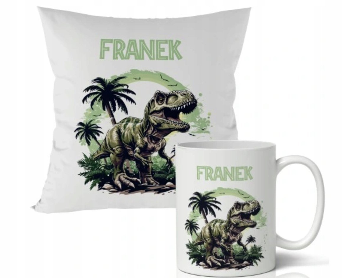 ZESTAW PODUSZKA + KUBEK Prezent DINOZAURY T-REX Dla chłopca + IMIĘ 28