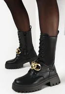 Botki damskie - Czarne Botki Wysokie Workery na Grubej Podeszwie z Ozdobnym Paskiem i Łańcuchem Erimosa - miniaturka - grafika 1