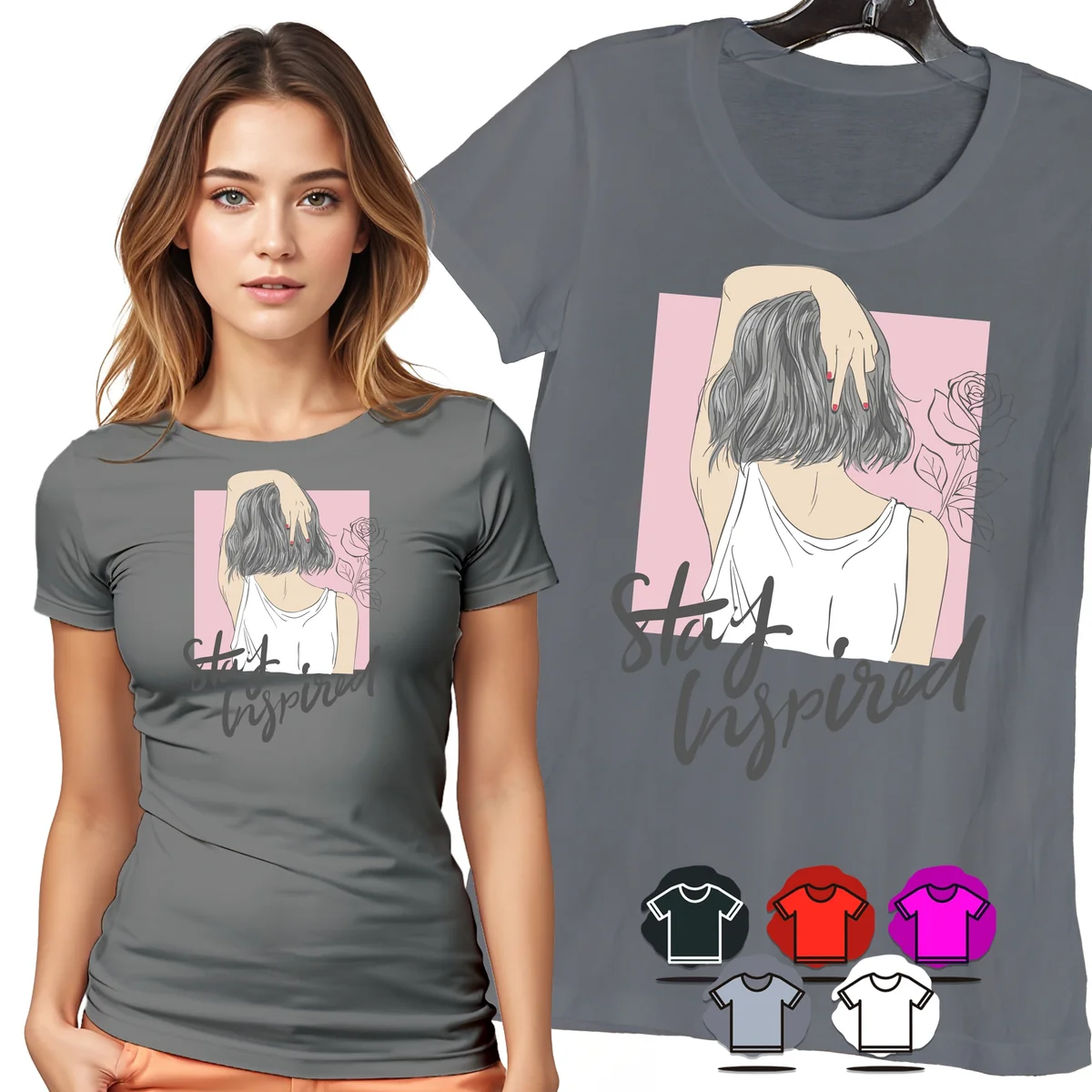 KOSZULKA DAMSKA T-SHIRT - STAY INSPIRED KOBIETA KWIATY MOTYW MODA WZÓR - XL