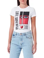 Koszulki i topy damskie - Love Moschino Damska koszulka slim fit z krótkim rękawem z nadrukiem oczu i cekinami, optical white, 40 - miniaturka - grafika 1