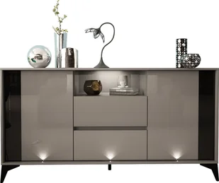 MEGSTYL Komoda 160cm z czarną wstawką i nóżkami - evel 3 Szary mat - Szary połysk - Komody - miniaturka - grafika 1