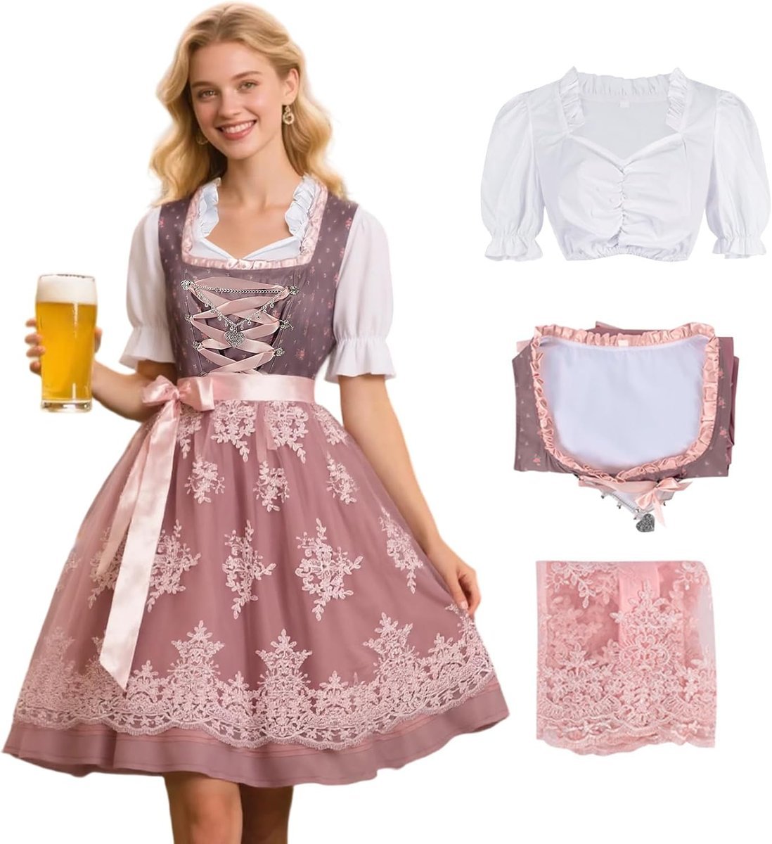 Sukienka Damska na Oktoberfest Bawarska Dirndl Ludowa Tradycyjna Różowa XL