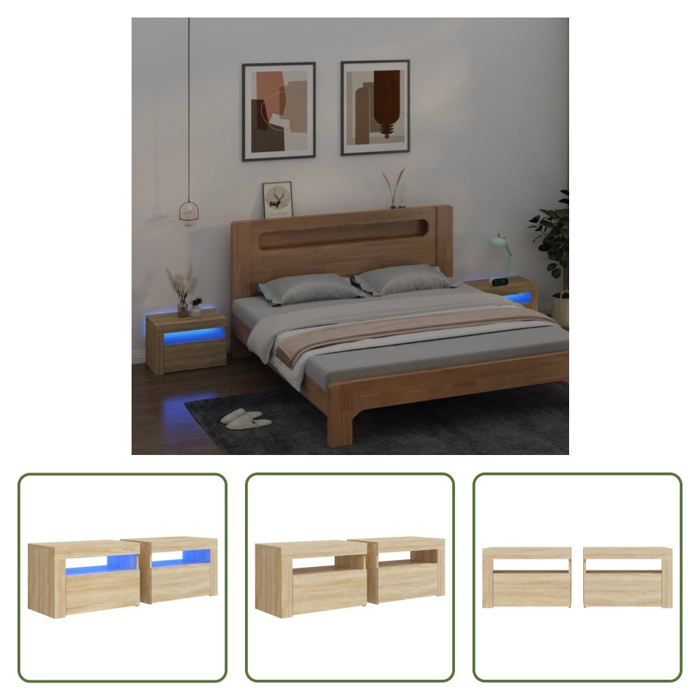 The Living Store Szafki nocne 2 szt. z oświetleniem LED dąb sonoma 60x35x40 cm