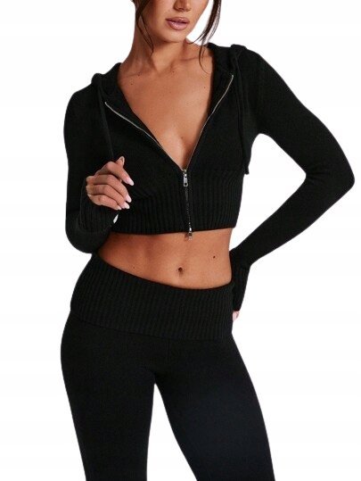 SHEIN CZARNY KRÓTKI SWETER DAMSKI Z KAPTUREM NA ZAMEK S 1DB