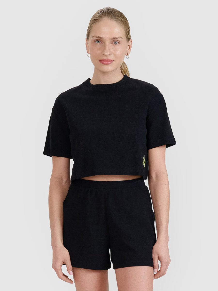 4F T-shirt crop top z waflowej dzianiny damski 4FWSS25TTSHF1977-20S Czarny Roz. L