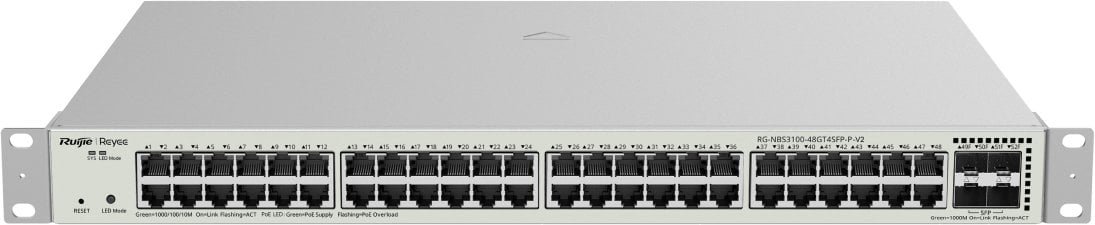Ruijie Networks Ruijie Reyee RG-NBS3100-48GT4SFP-P-V2 Switch Zarządzalny, 52 portów, 48xGE, 48xPoE, 370W, 4xSFP, L2, Rack, Cloud