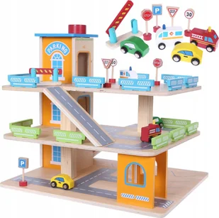 Ecotoys Drewniany garaż tor z windą + autka 342 - Tory, garaże, parkingi - miniaturka - grafika 1