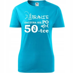 Damska Koszulka z Nadrukiem Branie zaczyna się po 50, ryba Prezent Urodziny turkusowy S - Koszulki i topy damskie Damska Koszulka z Nadrukiem Branie zaczyna się po 50, ryba Prezent Urodziny turkusowy S - Koszulki i topy damskie - miniaturka - grafika 1