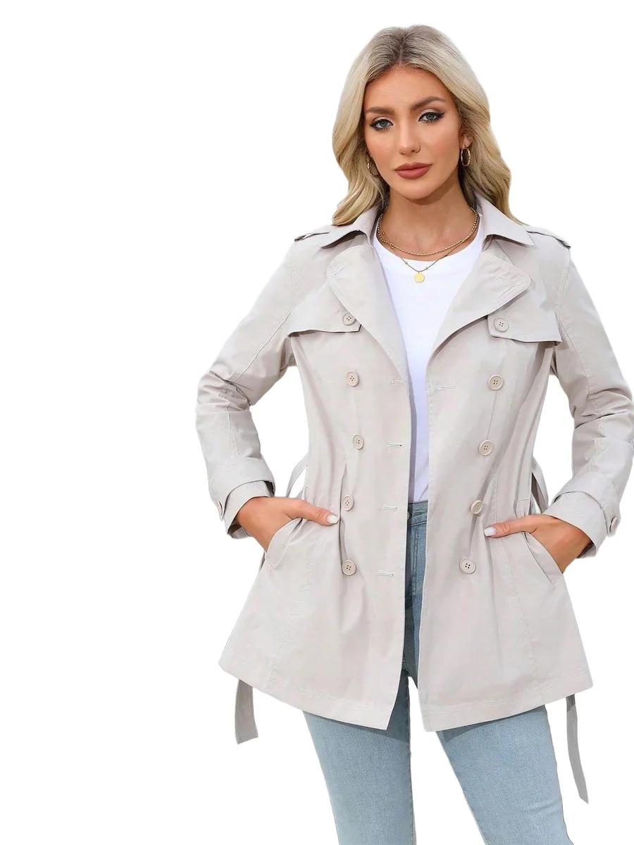 SHEIN BEŻOWY DWURZĘDOWY PŁASZCZ Z PASKIEM I PAGONAMI CASUAL XL 1MA