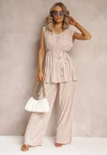 Komplety damskie - Beżowy Plisowany 2-Częściowy Komplet Bluzka z Materiałowym Paskiem oraz Szerokie Długie Spodnie Lasion - miniaturka - grafika 1