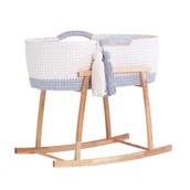 Łóżeczka i kojce - Kosz Mojżesza (KREMOWO/SZARY) z materacem + 2 dekoracyjne frędzle + Bujak drewniany naturalny olejowany - miniaturka - grafika 1