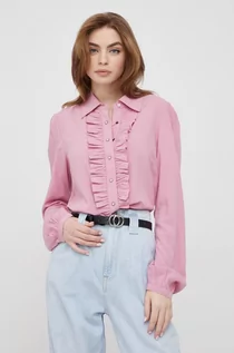 Koszule damskie - Benetton United Colors of United Colors of koszula damska kolor różowy slim z kołnierzykiem klasycznym - grafika 1