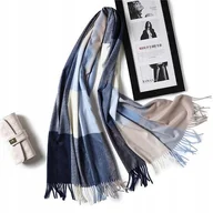 Apaszki i szaliki damskie - Szalik Damski kaszmirowy niebieski szary beżowy szal prezent ciepły duży AS - miniaturka - grafika 1