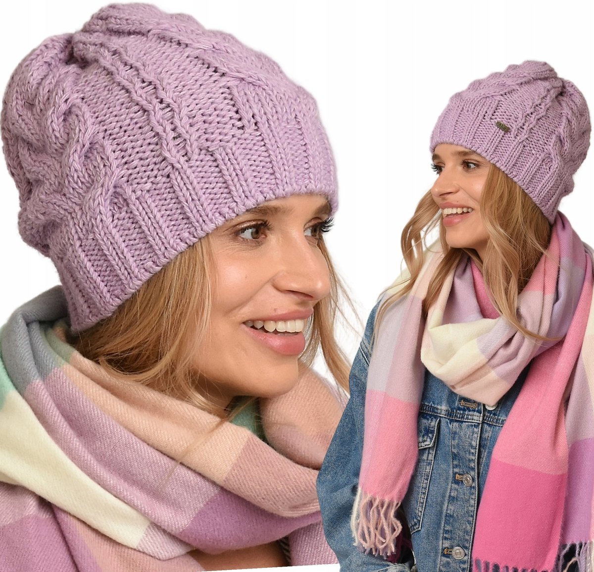 CZAPKA damska warkocz dziana na zimę i jesień MODN UNI A4 lila