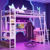 Łóżka dla dzieci i młodzieży - Łóżko piętrowe 90 x 200 cm z biurkiem, półkami i ścianką perforowaną - rama żelazna - diody LED - port USB - białe (materac nie jest dołączony) - miniaturka - grafika 1