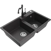 Zlewozmywaki z baterią - Mexen Tomas zlewozmywak granitowy 2-komorowy z baterią kuchenną Carla, czarny nakrapiany - miniaturka - grafika 1