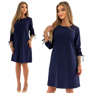 ELEGANCKA GRANATOWA SUKIENKA Z WIĄZANYM RĘKAWEM ROZMIAR 48 POLSKI PRODUCENT - Sukienki - miniaturka - grafika 1