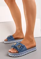 Klapki i japonki damskie - Granatowe Klapki na Grubej Podeszwie z Plecionką i Kokardą z Misiem Anivera - miniaturka - grafika 1
