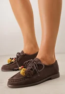 Mokasyny damskie - Ciemnobrązowe Mokasyny VICES z Wkładką ze Skóry Natualnej Ozdobione Koralikami - miniaturka - grafika 1