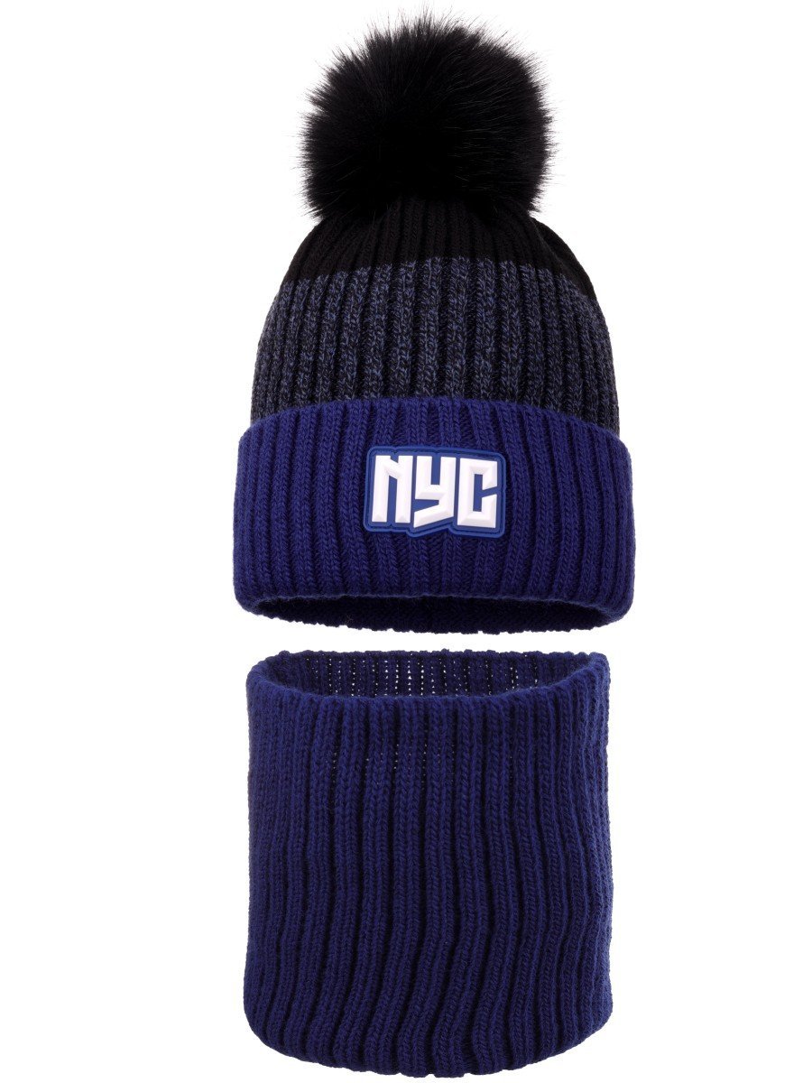 Chłopięcy komplet zimowy czapka i komin NYC ciemnoniebieski Ambra r.48/50