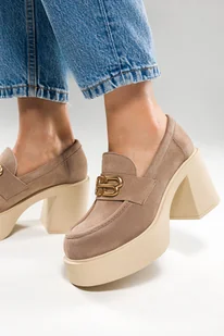 Beżowe mokasyny skórzane damskie na szerokim klocku złota ozdoba PRODUKT POLSKI Casu 20170-NO - Mokasyny damskie - miniaturka - grafika 1