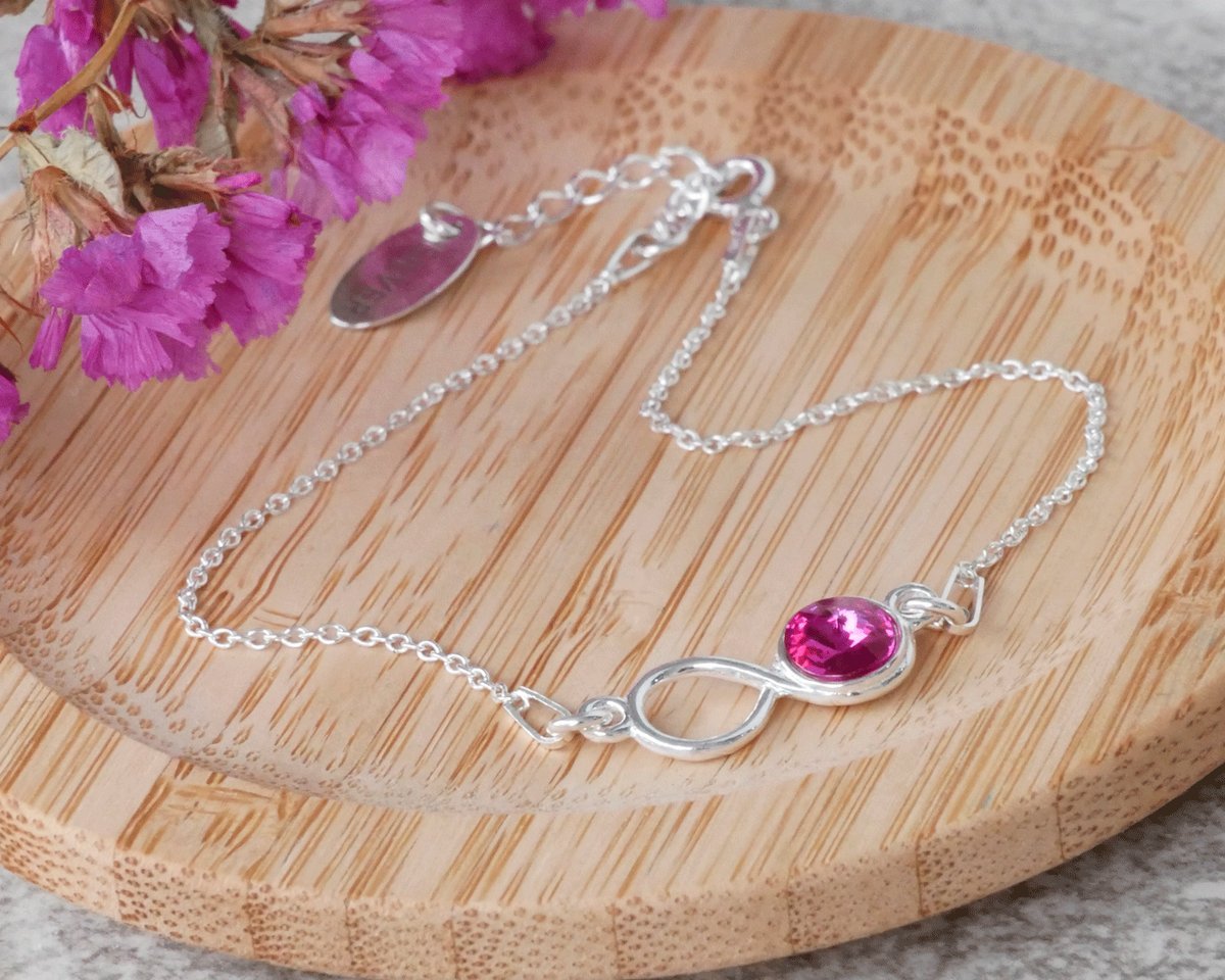 Bransoletka srebrna nieskończoność z kryształem Fuksja