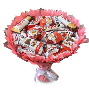 Słodki bukiet różowy na urodziny ze slodyczy Kinder (średnica 30 cm) - Zestawy upominkowe - miniaturka - grafika 1