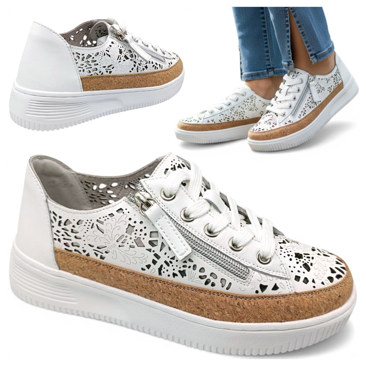 Sneakersy Damskie SKÓRZANE Wygodne Półbuty Białe Ażurowe Letnie Artiker 39