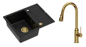 Zlewozmywaki z baterią - Quadron Unique Zlewozmywak granitowy jednokomorowy 62*50*22 cm z ociekaczem MORGAN 116 PURE CARBON z syfonem Push-2-Open w kolorze złotym z baterią JESSICA Q LINE z wyciąganą wylewką i funkcją prysznica kolor złoty - miniaturka - grafika 1