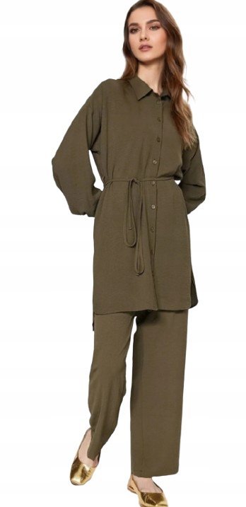 TRENDYOL KLASYCZNY KOMPLET Z KOSZULĄ Z PASKIEM KHAKI 38 5AA