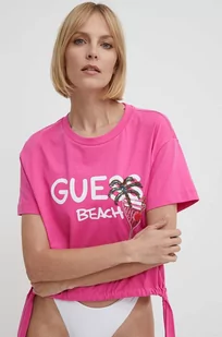 Guess t-shirt plażowy bawełniany kolor różowy E4GI03 I3Z14 - Koszulki sportowe damskie - miniaturka - grafika 1