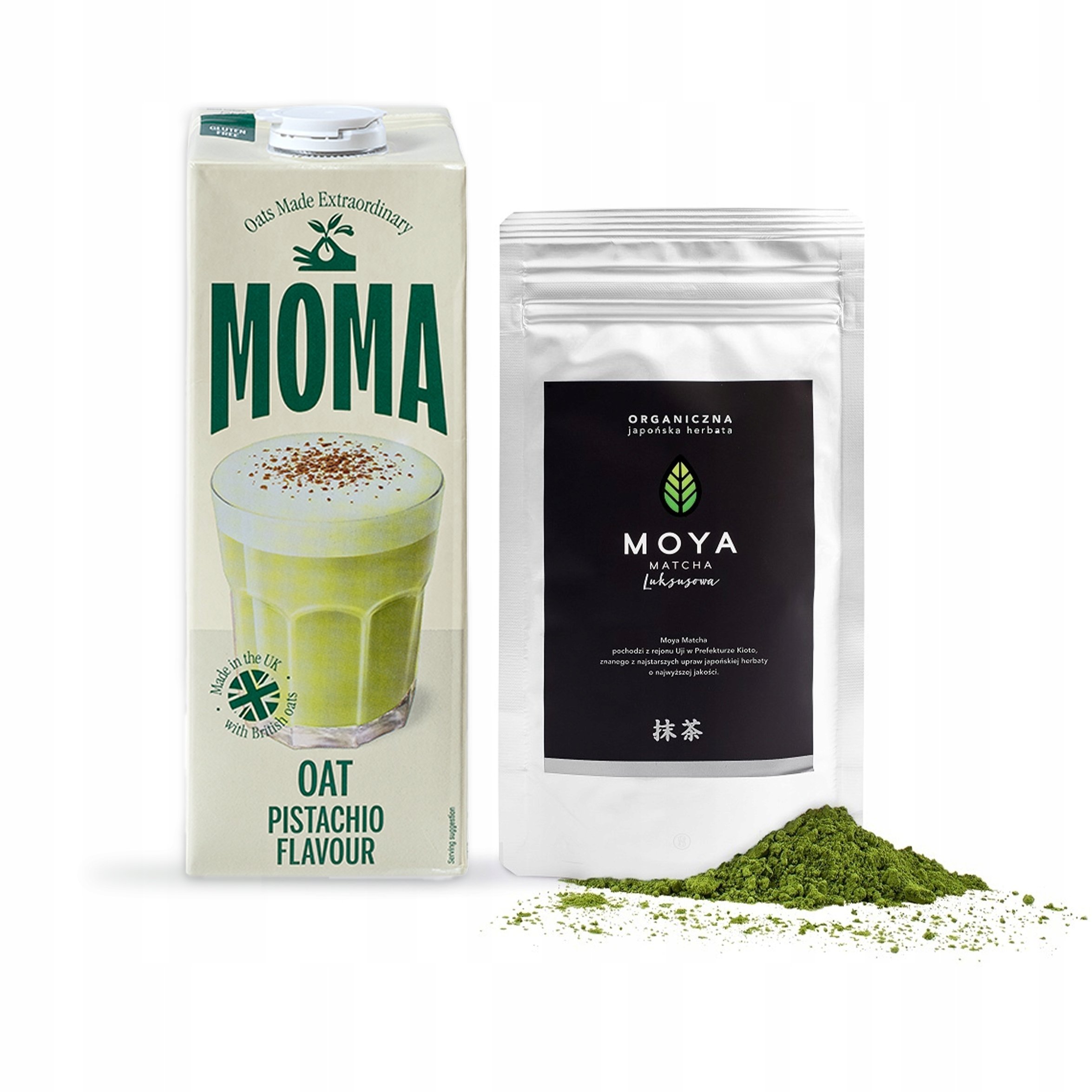 Zestaw Moya Matcha Luksusowa 100g Moma Napój owsiany o smaku pistacjowym