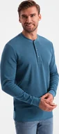 Koszulki męskie - Ombre Longsleeve męski z dzianiny waflowej zapinany pod szyją niebieski denim V4 OM-LSCL-0120 XL - miniaturka - grafika 1