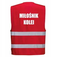 Odzież robocza - Kamizelka odblaskowa PORTWEST F474 Czerwony S/M nadruk MIŁOŚNIK KOLEI - miniaturka - grafika 1
