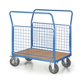Wózki magazynowe - Wózek platformowy - 2 burty z siatki, 1000 x 700 mm, nośność 300 kg, koła 160 mm z szarą gumą - miniaturka - grafika 1