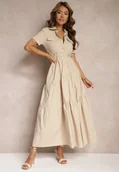 Sukienki - Beżowa Bawełniana Sukienka o Rozkloszowana Zwężana w Talii Nenefia - miniaturka - grafika 1