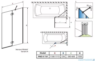 Radaway Essenza Pnd II parawan nawannowy 110cm prawy szkło przejrzyste 110002110-01-01R - Parawany nawannowe - miniaturka - grafika 2
