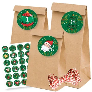 Kalendarz Adwentowy 24 Torebki Małe I Duże + Naklejki + Sznurek Czerwony - Zielony - Ozdoby bożonarodzeniowe - miniaturka - grafika 1