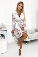 Sukienki - 422-2 ROSETTA Kobieca sukienka z kopertowym dekoltem i paskiem - biała w róże - miniaturka - grafika 1