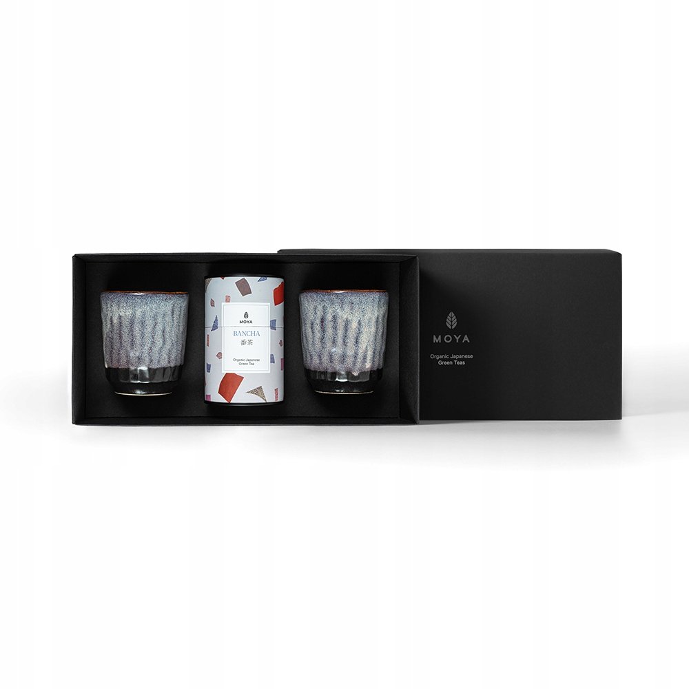 Zestaw organiczna zielona herbata Moya Bancha i 2 kubki Murasaki
