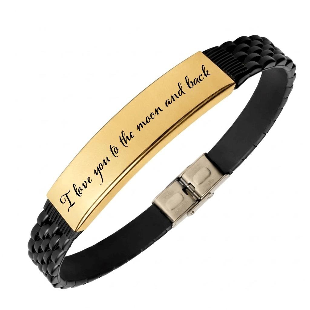 Bransoletka męska z grawerem kauczuk stal chirurgiczna pozłacana