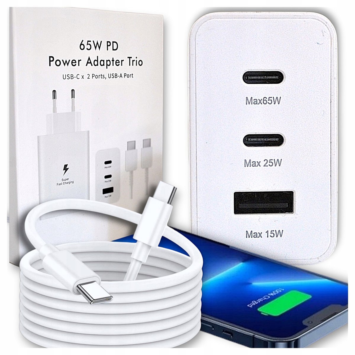 ŁADOWARKA SIECIOWA SZYBKA DO TELEFONU 65W + KABEL USB-C 1M UNIWERSALNA