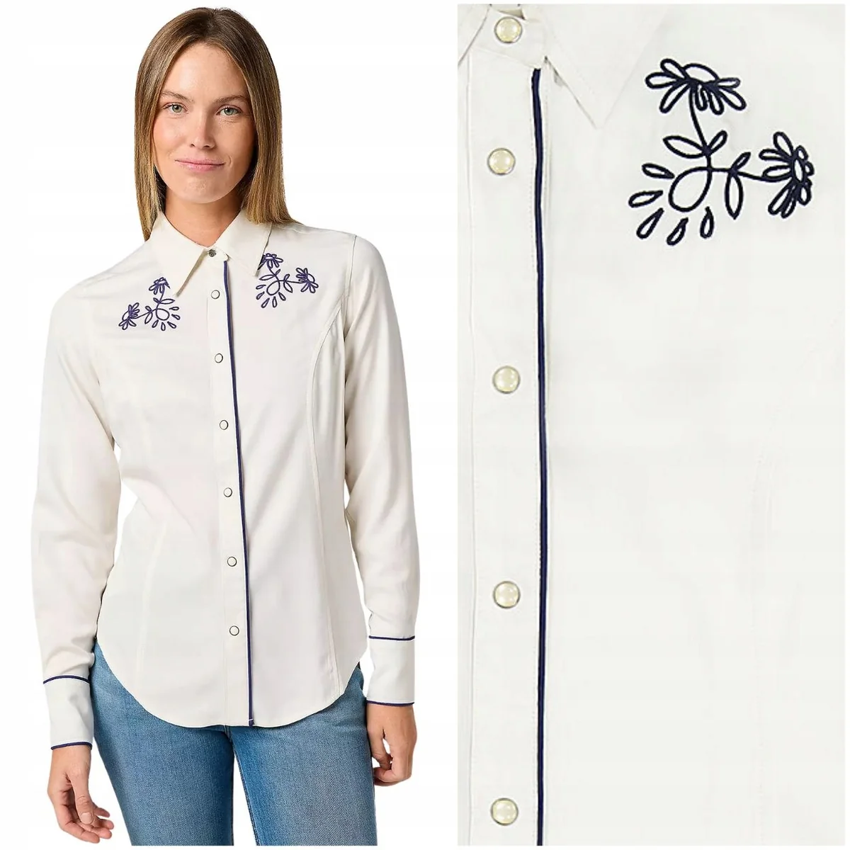 Wrangler Piped Western Shirt biała koszula damska z haftem zatrzaski M