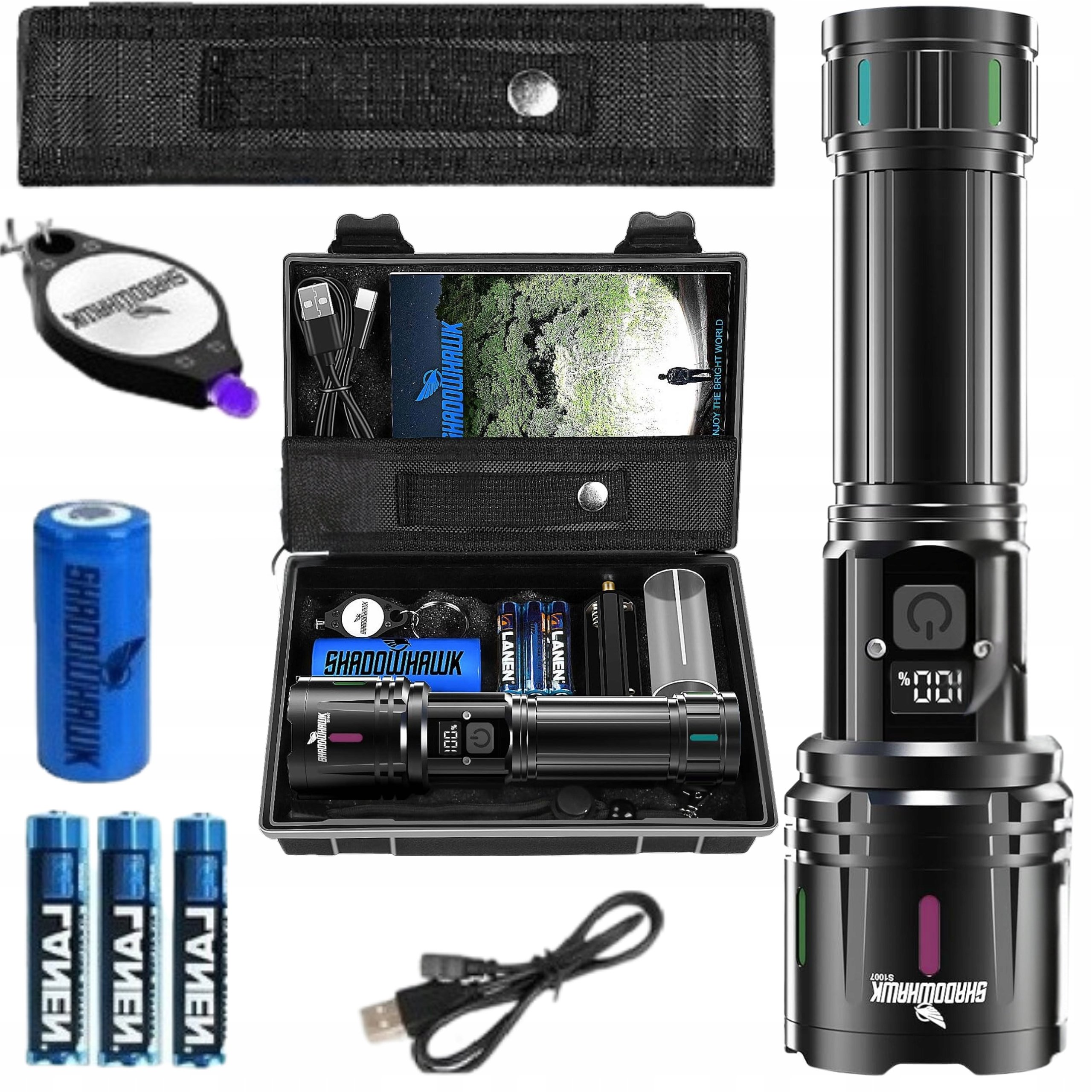 Mocna Latarka Led 30000L Taktyczna Wojskowa Powerbank Uv SHAD0WHAWK