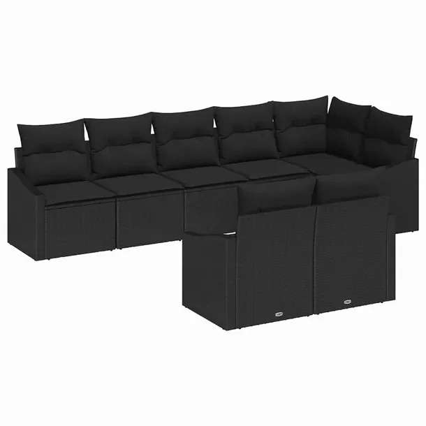Zestaw Narożny Sofa Rattanowa Czarny 8 Osób 80cm Głębokość Siedzenia