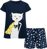 Piżamy dla dziewczynek - Piżama z krótkim rękawem dla dziewczynki, z kotem, granatowa 9-13 lat - miniaturka - grafika 1