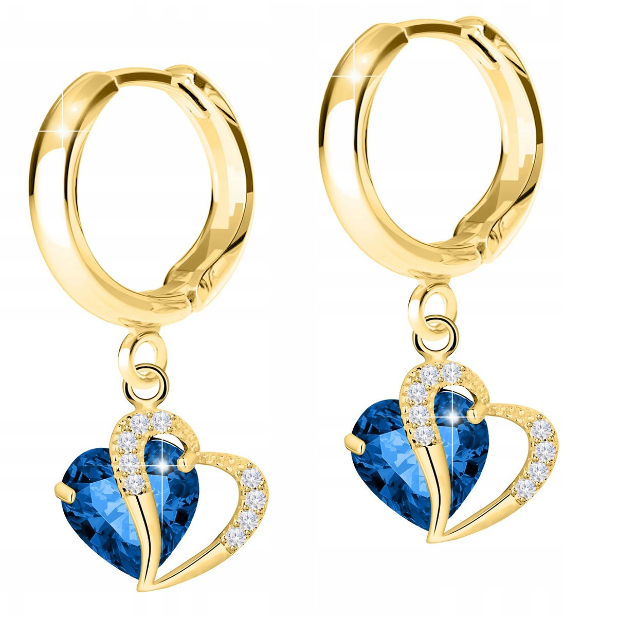 Złote Kolczyki Niebieskie Kryształowe Serca Heart Cyrkonie SREBRO 925