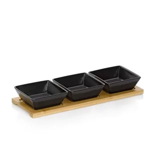 Zestaw 3 kwadratowych porcelanowych miseczek na bambusowej podkładce, 33,5x12x5 cm, czarne kod: KE-12262 - Miski i półmiski - miniaturka - grafika 1