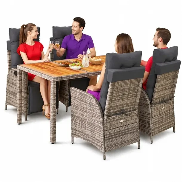 Zestaw mebli ogrodowych szary rattan PE, stół 150x90x75 cm, krzesła 57x6