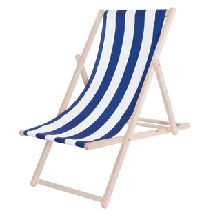 Leżak plażowy składany, drewniany z materiałem w biało-niebieskie pasy - Leżaki ogrodowe - miniaturka - grafika 1